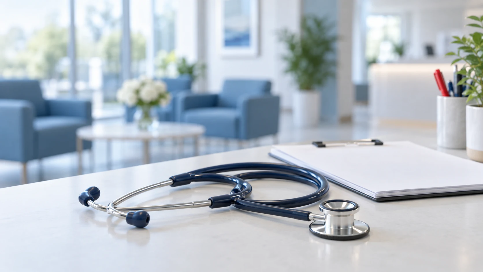 Conceptual healthcare image of a stethoscope in a bright, welcoming medical setting